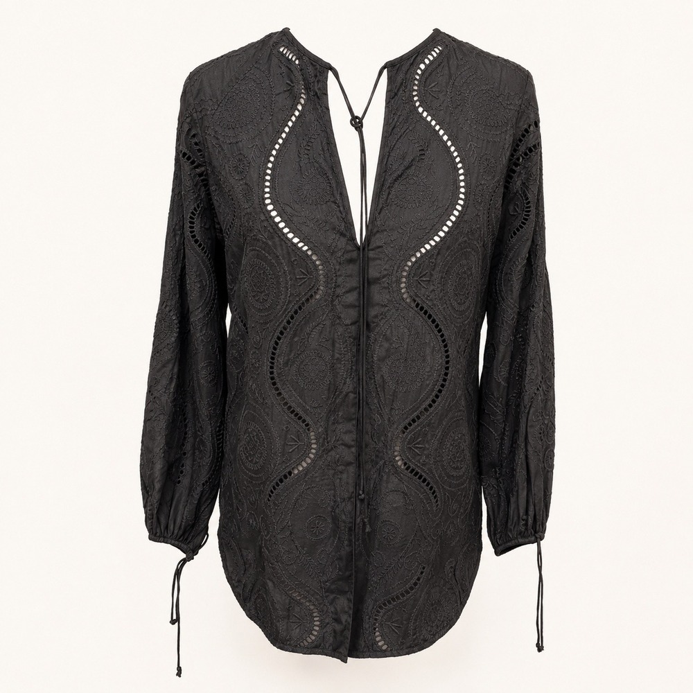 Katayone Adeli KA7 Silk Blouse S Black Embroidered Eyelet V-Neck Boho Top‎